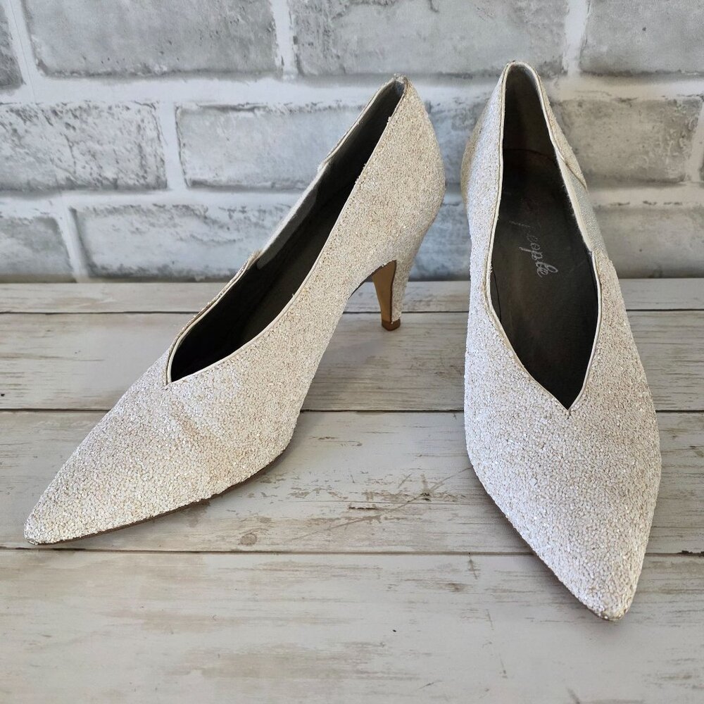 Free People White Glitter Florence Kitten Heel 37 Retro Wedding Prom Dance 6.5